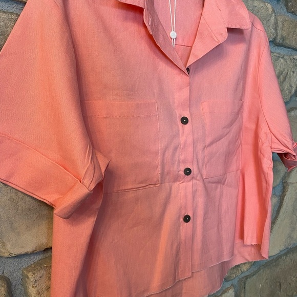 Shore Women’s Coral Button-Up Cropped Short Sleeve Shirt Linen Viscose NEW small - Picture 7 of 12